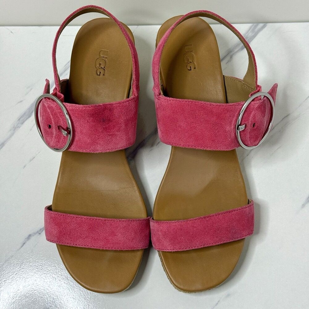 UGG Navee Suede Ankle Strap Wedges Bright Hot Pink Sandals Espadrilles Size 9.5 - Picture 5 of 8